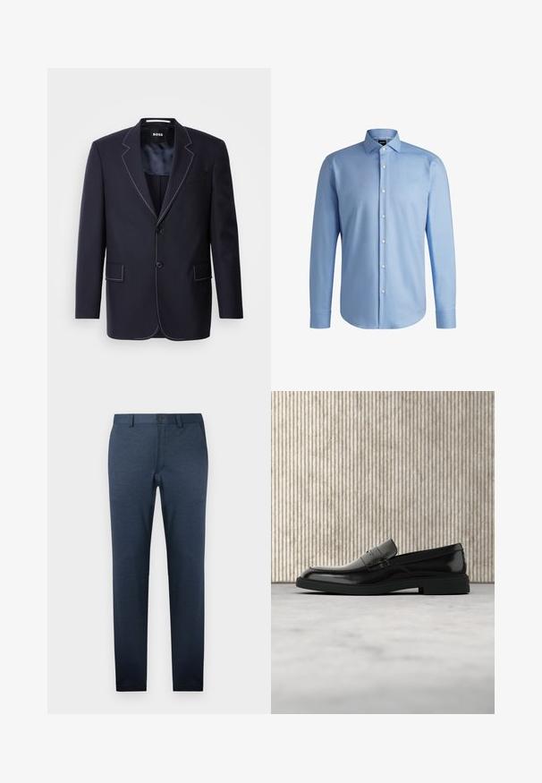 Blazer azul marino hecho de tela, con costuras en blanco que contrastan a lo largo de las solapas y los bordes, con dos bolsillos frontales y un cierre de un solo botón.; BOSS H-JOE-SPREAD - Camisa - light blue; Pantalones azul oscuro de tejido texturizado, con corte slim, frente plano y cierre de un botón en la cintura.; Zapato loafer de cuero negro pulido flotando sobre una alfombra beige con muebles translúcidos naranjas de fondo.