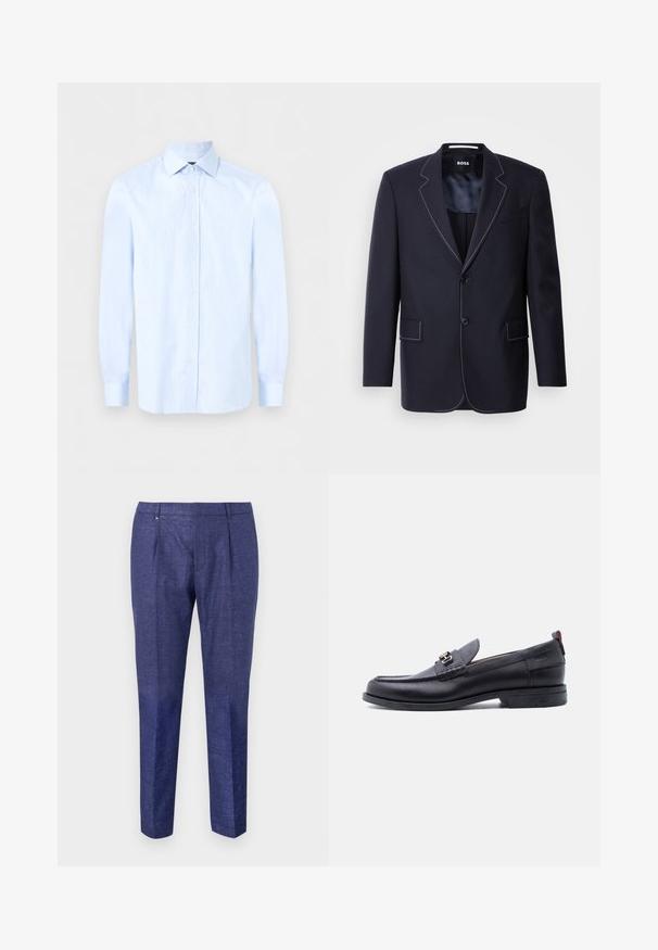 Blazer marine en tissu, avec des coutures blanches contrastantes le long des revers et des bords, deux poches avant et une fermeture à un bouton.; Chemise habillée homme bleu clair à manches longues avec col pointu et boutons blancs sur le devant, sur un fond uni.; Pantalons bleu marine en tissu texturé, dotés d'une coupe droite, de deux plis à l'avant et d'un accent métallique discret au niveau de la taille.; Mocassin en cuir noir avec empeigne texturée grise, détail boucle en métal argenté, petit talon et languette à l'arrière.