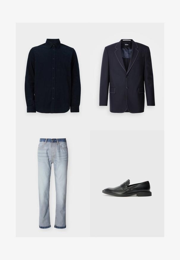 Blazer marine en tissu, avec des coutures blanches contrastantes le long des revers et des bords, deux poches avant et une fermeture à un bouton.; Chemise à manches longues bleu marine en tissu texturé, avec un devant boutonné, un col pointu et des poignets boutonnés.; Jean denim bleu clair avec une ceinture bleu foncé, coupe droite, cinq poches et détails de couture visibles.; Mocassins en cuir noir avec une texture lisse, un nez pointu et un petit talon rectangulaire. Présente un détail de bande horizontale sur le dessus.