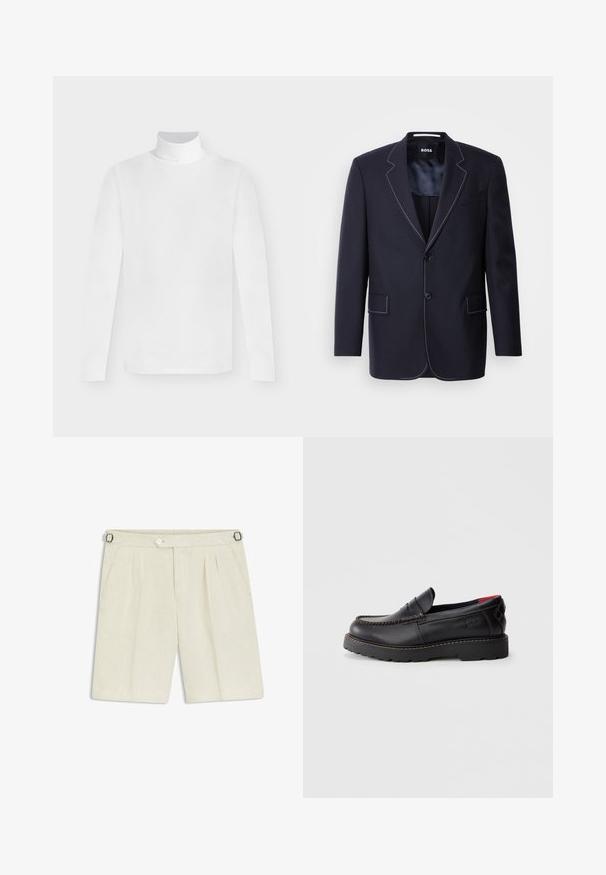 Marineblazer van stof, met contrasterende witte stiksels langs de revers en randen, twee voorkanten zakken en een enkele knoopsluiting.; Wit shirt met lange mouwen en coltrui met een getailleerde pasvorm, weergegeven tegen een effen lichtgrijze achtergrond.; Roomkleurige op maat gemaakte shorts met plooien aan de voorkant, zijzakken, knoopsluiting en verstelbare zijbanden met gesp.; Zwarte leren instapper met moccasin-stiksel, rubberen zool en een gestructureerde afwerking. Bevat subtiele branding aan de zijkant.