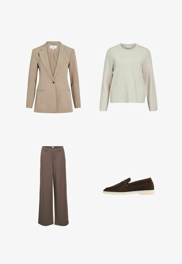 Blazer taillé beige avec une fermeture à un bouton, des revers notés, deux poches avant et des manches longues. Fabriqué à partir d'un tissu léger et lisse.; Pull beige clair à manches longues avec un col rond. Fabriqué en maille texturée, présentant des épaules légèrement tombantes et une coupe décontractée.; Pantalons larges en tissu doux marron. Dotés d'une taille haute, de deux poches avant et d'une texture lisse avec un design décontracté.; Des chaussures à enfiler en suède marron avec un bout arrondi et une semelle en caoutchouc plate. Elles possèdent une sangle en tissu sur le dessus pour un enfilage facile.