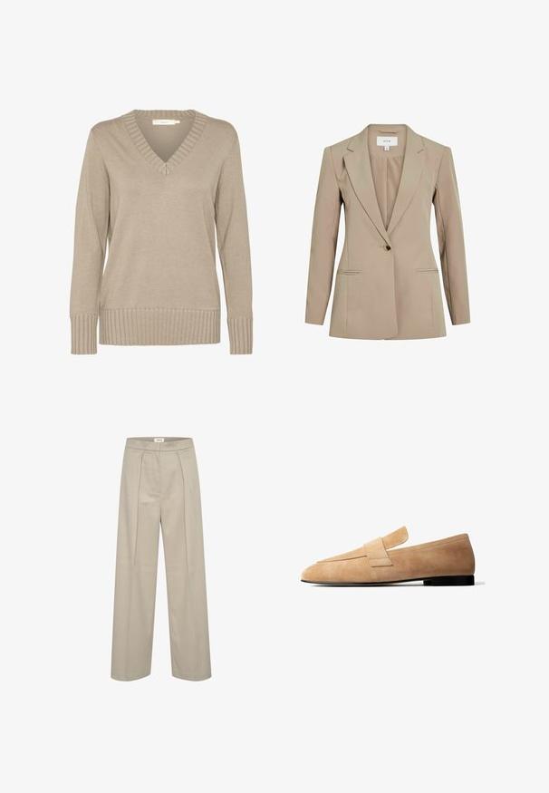 Valehtimelllinen beige puku takki, jossa on yksi nappikiinnitys, uurrettu kaulus, kaksi etutaskua ja pitkät hihat. Valmistettu sileästä, kevyestä kankaasta.; Beige neulepaita V-pääntiellä, ribbausreunuksella ja pitkillä hihoilla. Sileä rakenne, tiivis muotoilu ja hienovaraiset yksityiskohdat kauluksessa.; Vaaleanbeige leveälahkeiset housut, joissa on tasainen etuosa ja kaksi laskosta. Valmistettu sileästä kankaasta, varustettu muotoillulla vyötärönauhalla eikä näkyvää metalliosaa.; Vaaleanruskea mokkainen loafer-mallinen kenkä, jossa on matala musta korko ja leveä remmikoriste kengän päällä, esitetty sivuprofiilissa valkoisella taustalla.