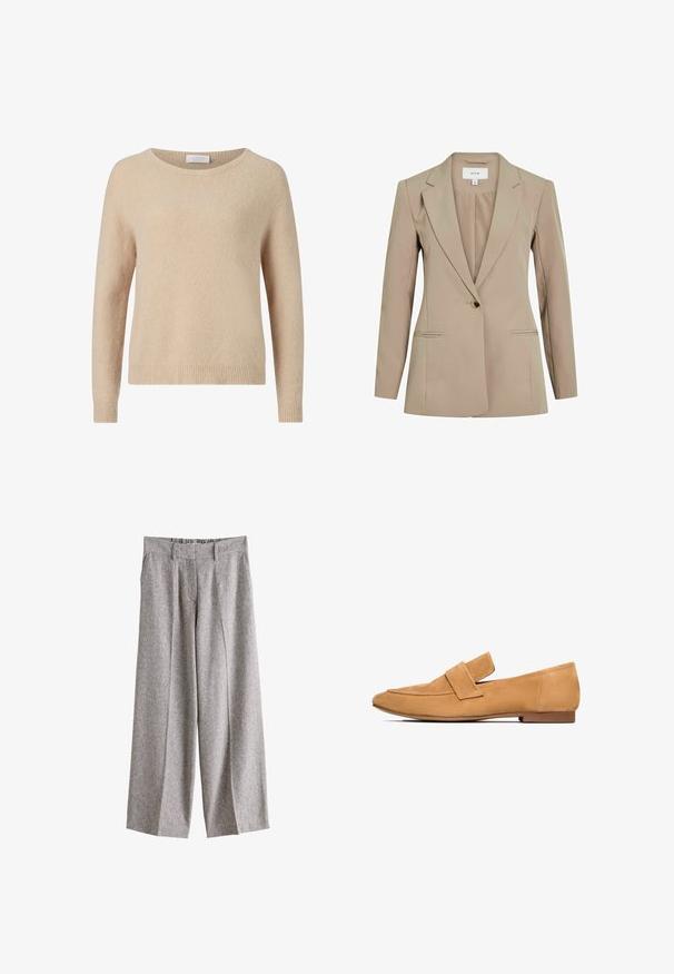 Blazer beige a medida con cierre de un solo botón, solapas con muesca, dos bolsillos frontales y mangas largas. Fabricado en una tela suave y ligera.; Suéter de punto beige con escote redondo, mangas largas y dobladillo acanalado. Textura suave y corte informal. Etiqueta visible en el escote.; Pantalones gris de pierna ancha con cintura alta, trabillas para cinturón y pliegues delanteros hechos de tela texturizada.; Mocasines de ante color arena con tacón plano, punta redondeada y una tira cosida en el empeine para un acabado refinado.