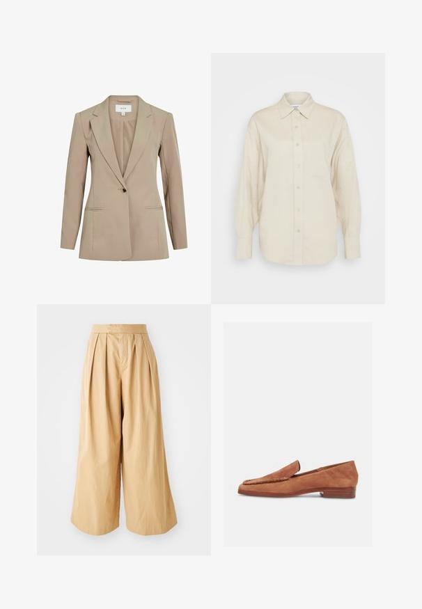 Beiger maßgeschneiderter Blazer mit einem Ein-Knopf-Verschluss, abgesetzten Revers, zwei frontalen Taschen und langen Ärmeln. Hergestellt aus glattem, leichtem Stoff.; Beige Hemd mit Knöpfen aus leichtem Stoff, mit langen Ärmeln, einer Brusttasche und einem klassischen Kragen.; Beige weit geschnittene Hosen mit hohem Taillenbund, ausgestattet mit Vorderfalten und einem glatten, strukturierten Baumwollstoff.; Brauner Wildleder-Loafer mit geflochtenem Besatz, flachem Holzabsatz und Schlupfdesign, seitlich vor weißem Hintergrund gezeigt.