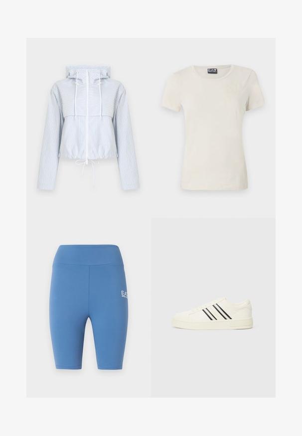 Veste courte à capuche en tissu bleu clair avec des rayures blanches, dotée d'une fermeture éclair avant, d'un cordon de serrage réglable et de deux poches latérales.; T-shirt beige clair à manches courtes en tissu doux, avec un col ras du cou et un motif subtil à l'avant près du coin supérieur gauche.; Shorts de cycliste bleu à taille haute avec une ceinture élastique et un petit logo blanc EA7 Emporio Armani sur la cuisse droite.; Baskets en toile blanches avec un bout rond, trois rayures noires et une semelle en caoutchouc texturée. Marque sur le côté et le talon.