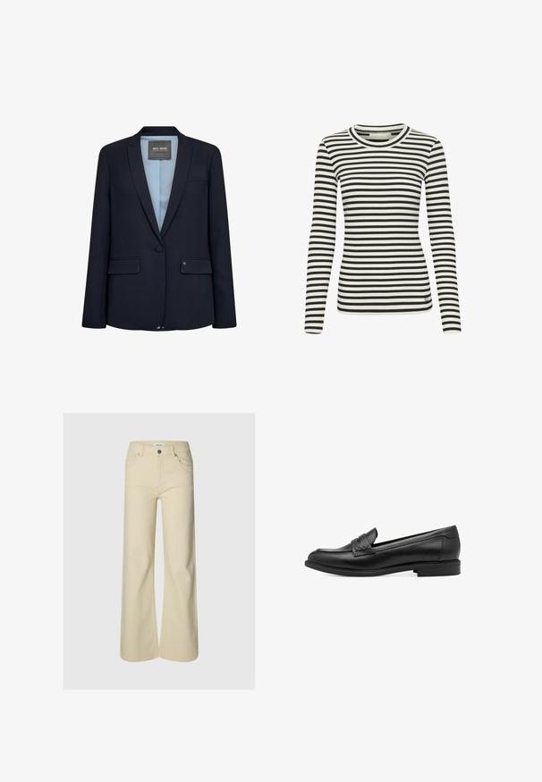 Marineblå blazer med et elegant design, slagkrave, enkelt knaplukning, to frontlommer og lyseblåt for. Glat stoftekstur.; Langærmet skjorte med sort-hvide striber og ribbet tekstur samt rund halsudskæring. Har et lille logo på den nedre front.; Beige bukser med høj talje og brede ben, med knap foran, lynlås, bæltestropper og to forlommer mod en ensfarvet baggrund.; Sorte læder loafers med en glat overflade, udstyret med en vævet detalje over forgængeren og en lav, rund hæl. Enkel design og form.
