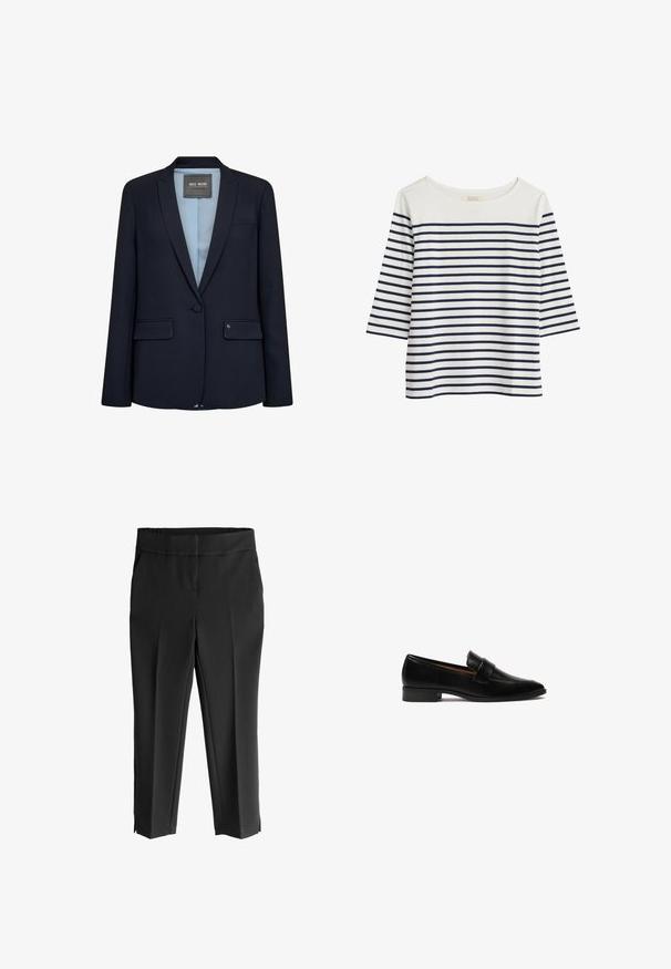 Blazer azul marino con un diseño elegante, solapa con muesca, cierre de un solo botón, dos bolsillos frontales y un forro azul claro. Textura de tela suave.; Camisa de algodón con mangas 3/4, con rayas horizontales en azul marino y blanco, cuello redondo y un ajuste holgado.; Pantalones negros ajustados con una textura suave, que presentan una cinturilla ancha, dos bolsillos laterales y aberturas en el dobladillo para un acabado moderno.; Mocasines de cuero negro con un tacón plano, que presentan una correa rectangular en el empeine y una superficie lisa y pulida.