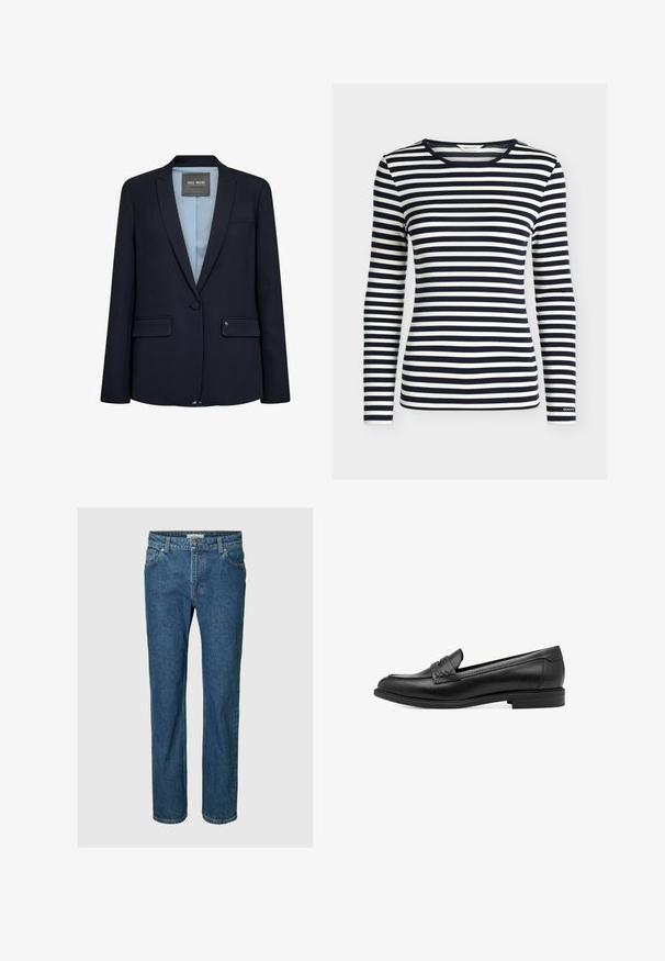 Blazer azul marino con un diseño elegante, solapa con muesca, cierre de un solo botón, dos bolsillos frontales y un forro azul claro. Textura de tela suave.; Camisa de manga larga con rayas horizontales en azul marino y blanco y cuello redondo, con la marca GANT en el puño de la manga.; Vaqueros de denim azul de corte recto con botón y cremallera delanteros, trabillas para cinturón y bolsillos delanteros y traseros.; Mocasines de piel negra con una textura suave, que presentan un detalle trenzado en la parte superior y un tacón bajo y redondeado. Diseño y forma simples.