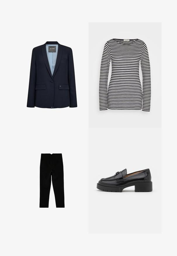 Marineblauer Blazer mit schlankem Design, Reverskragen, einreihigem Knopfverschluss, zwei Vordertaschen und hellblauer Fütterung. Glatte Stofftextur.; Langarmshirt aus Baumwolle mit horizontalen marineblauen und weißen Streifen, Rundhalsausschnitt, schmaler Schnitt, mit glatter Textur und minimalistischem Design.; Schwarze, maßgeschneiderte, knöchellange Hose mit Seitentaschen und leicht zulaufendem Bein, flach auf weißem Hintergrund ausgelegt.; Schwarze Lederloafer mit niedrigem Blockabsatz, runder Zehenform, dekorativem Riemen und strukturiertem Steppdetail im Obermaterial. Glatte Oberfläche.