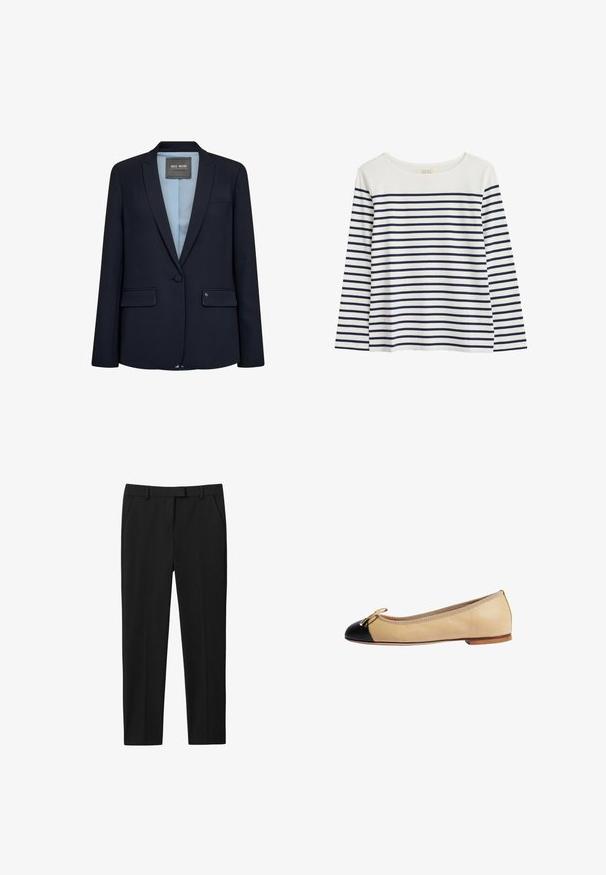 Marineblå blazer med et elegant design, slagkrave, enkelt knaplukning, to frontlommer og lyseblåt for. Glat stoftekstur.; Langærmet bluse i økologisk bomuld med hvid baggrund og marineblå vandrette striber. Rund halsudskæring, afslappet pasform, ingen synlige detaljer.; Sorte bukser med skræddersyet design, flad front, to sidelommer og lige benudskæring. Fremstillet af glat stof med en subtil glans.; Beige læder balletflade med sort tåhætte, guld sløjfedetalje og tekstureret trim langs åbningen. Flad sål for nem gang.