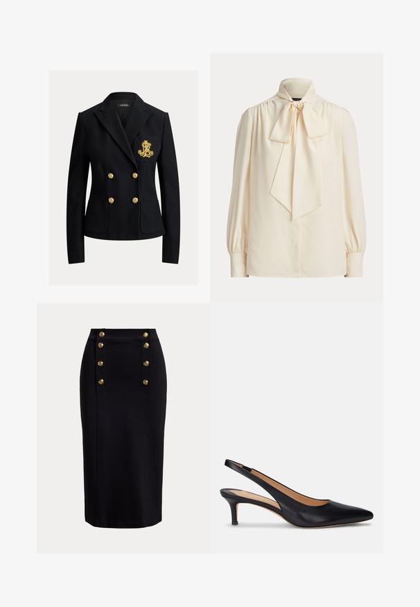 Blazer negro abotonado doble con botones dorados y un escudo bordado en oro en el bolsillo izquierdo del pecho, ajuste entallado con cuello de solapa.; Blusa cremosa de manga larga con cuello alto y un gran lazo atado en el cuello, con hombros fruncidos y mangas con puños.; Falda lápiz negra hasta la rodilla con panel vertical delantero y dos filas de seis botones decorativos dorados.; Zapato de tacón slingback de cuero negro con punta afilada, tacón kitten bajo y textura suave. Presenta un diseño de espalda abierta y detalles de costura mínimos.