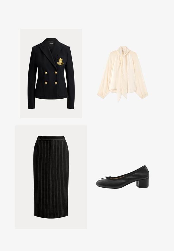 Zwart dubbelgeknoopt blazer met gouden knopen en een goud geborduurd wapen op de linkerborstzak, getailleerde pasvorm met reverskraag.; Crèmekleurige blouse met lange mouwen, hoge hals en een lange gestrikte strik aan de voorkant, met licht opgepofte mouwen en gerimpelde manchetten.; Zwarte kokerrok tot op de knie met dunne verticale witte speldenstrepen en een tailleband met knoopdetail.; Zwarte leren pump met een ronde neus, klein strikje aan de voorkant en een vierkante blokhak. Gladde textuur met minimale ontwerpaccenten.