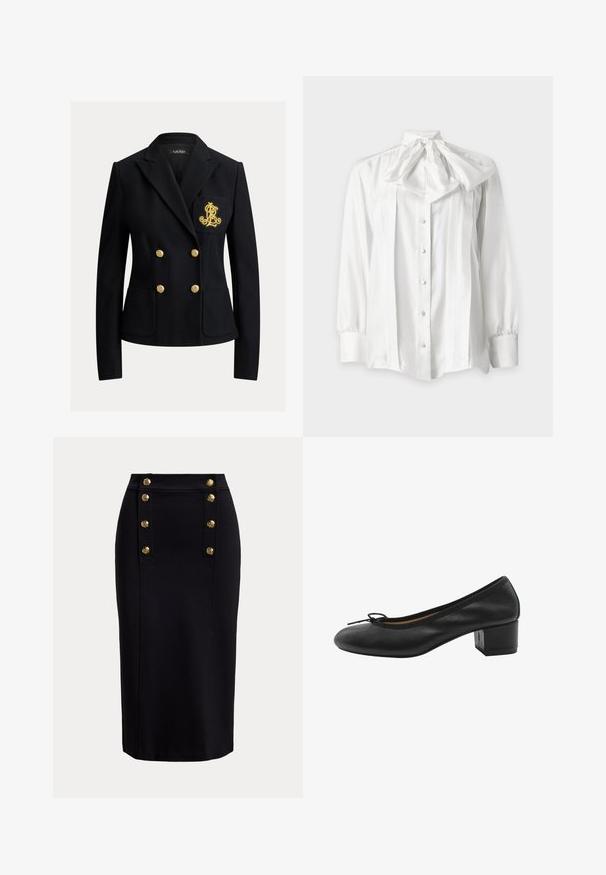 Zwart dubbelgeknoopt blazer met gouden knopen en een goud geborduurd wapen op de linkerborstzak, getailleerde pasvorm met reverskraag.; Witte blouse met lange mouwen, knopen aan de voorkant en een grote strik bij de hals, met geplooide details aan de voorkant.; Zwarte knielange kokerrok met een verticaal voorpaneel en twee rijen van zes gouden decoratieve knopen.; Zwarte leren pump met een ronde neus, klein strikje aan de voorkant en een vierkante blokhak. Gladde textuur met minimale ontwerpaccenten.