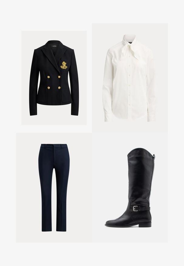Blazer noir croisé avec boutons dorés et un blason brodé en or sur la poche poitrine gauche, coupe ajustée avec col à revers.; Blouse blanche à manches longues avec des boutons sur le devant et un col noué en noeud sur un fond uni.; Pantalon habillé bleu marine sur mesure, coupe droite, passants de ceinture et fermeture éclair à l’avant.; Botte haute en cuir noir avec talon bas, bout arrondi, bride latérale avec boucle et languette de tirage sur une tige lisse, sur fond blanc.