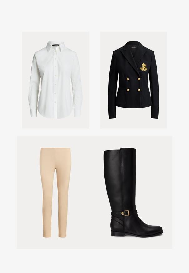 Blazer noir croisé avec boutons dorés et un blason brodé en or sur la poche poitrine gauche, coupe ajustée avec col à revers.; Chemise blanche à manches longues avec col pointu, boutons sur le devant et ourlet légèrement incurvé.; Pantalon beige slim fit longueur cheville avec une finition lisse, sans poches visibles ni ornements, sur un fond uni.; Botte noire en cuir montante jusqu'au genou avec talon bas, boucle dorée et petit logo embossé sur la sangle latérale.