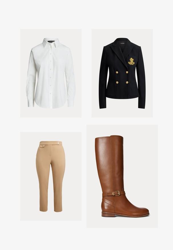 Schwarzer Doppelreiher-Blazer mit goldenen Knöpfen und einem goldbestickten Wappen auf der linken Brusttasche, taillierte Passform mit Reverskragen.; Weißes langärmeliges Hemd mit Knopfleiste, spitzem Kragen und leicht gebogenem Saum.; Beige Slim-Fit-Hosen mit hoher Taille, versehen mit zwei kleinen dekorativen Knöpfen am Bund und einer mit Knopf verschlossenen Klappentasche auf der rechten Seite.; Brauner kniehoher Lederstiefel mit einer kleinen goldenen Schnalle und "RL" Logo am Riemen nahe dem Knöchel, flachem Absatz und glatter Oberfläche.