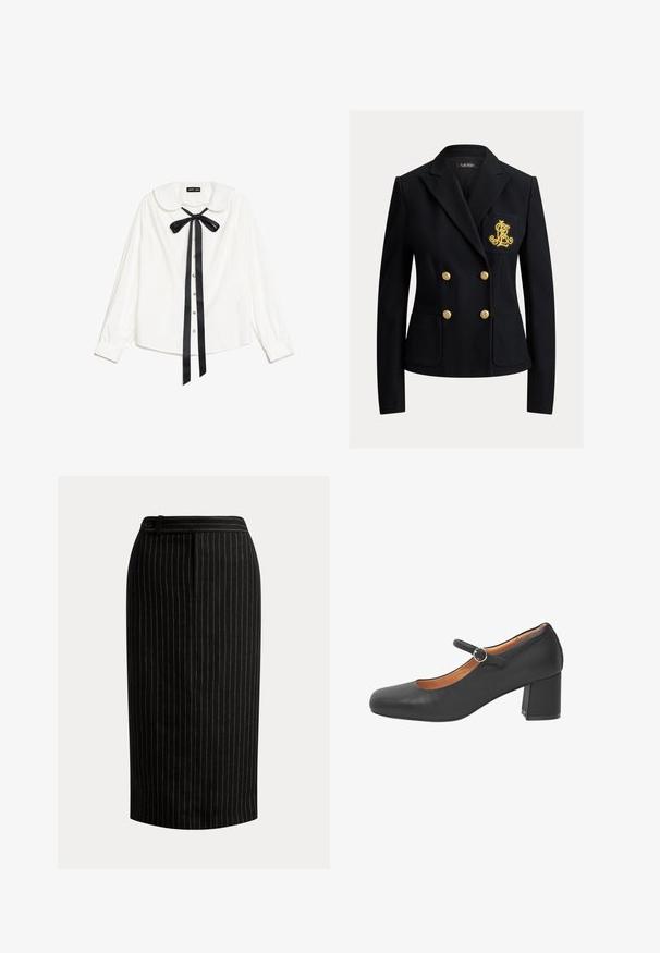 Sort dobbeltradet blazer med guldknapper og et guldbroderet våbenskjold på venstre brystlomme, skræddersyet pasform med reverskrave.; Hvid langærmet bluse med Peter Pan krave, sort satin butterfly ved halsen og perleknapper foran.; Sort knælængde blyantnederdel med tynde lodrette hvide nålestriber og en detaljeret linning med knapper.; Sort Mary Jane-sko i læder med rundet spids, en rem med en rund metalspænde og en kraftig hæl. Glat tekstur.