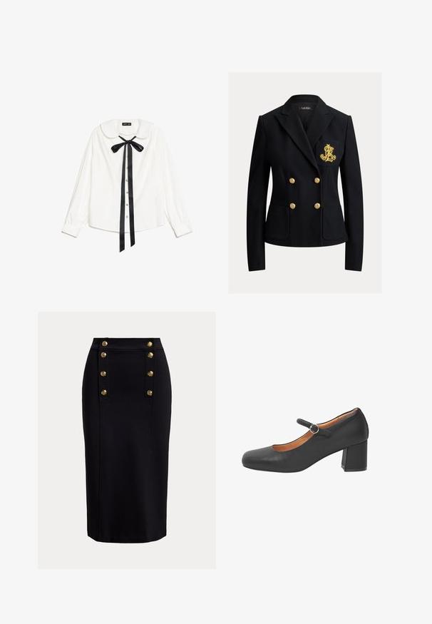 Blazer negro abotonado doble con botones dorados y un escudo bordado en oro en el bolsillo izquierdo del pecho, ajuste entallado con cuello de solapa.; Blusa blanca de manga larga con cuello Peter Pan, lazo de satén negro en el cuello y botones de perla en la parte delantera.; Falda lápiz negra hasta la rodilla con panel vertical delantero y dos filas de seis botones decorativos dorados.; Zapato Mary Jane de cuero negro con punta redondeada, una correa con una hebilla metálica circular y tacón grueso. Textura lisa.