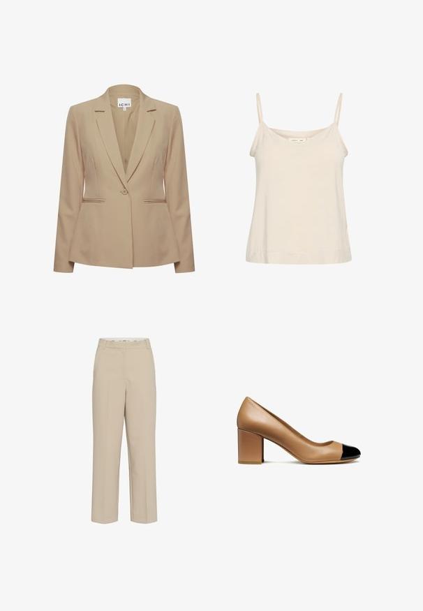Beige skræddersyet blazer med notched lapel, enkelt knaplukning, to frontlommer og glat stoftekstur. Mærke: ICHI.; Lys beige cami lavet af blødt stof, med tynde justerbare stropper og en V-udskæring med en let afslappet pasform.; Beige skræddersyede bukser med lige ben, med bæltestropper og en skjult frontlukning, præsenteret på en hvid baggrund.; Beige læderpumps med en rund tå og en sort patenthætte, med en blokhæl og glat tekstur.