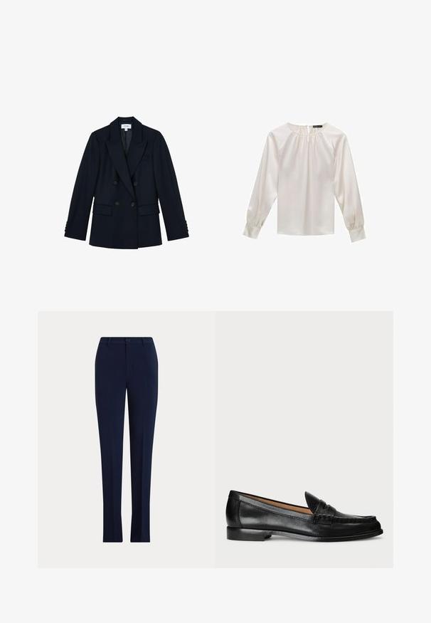 Mørk navy dobbelttradet blazer med spids revers, fire knapper foran, to lommer med klap og knapdetaljer på ærmerne.; Hvid satinbluse med lange ærmer, rund halsudskæring og indsamlet detalje. Har let puffede ærmer og en glat tekstur.; Mørkeblå skræddersyede bukser med lige ben med knap og bælteholdere på en lys baggrund.; Lauren Ralph Lauren WYNNIE - Loafers - black