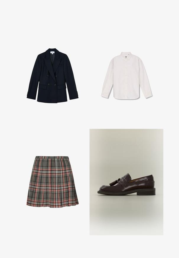 Mørk navy dobbelttradet blazer med spids revers, fire knapper foran, to lommer med klap og knapdetaljer på ærmerne.; Langærmet hvid skjorte med knapper, spids krave, fuld knaplukning foran og enkelt design, lagt fladt på hvid baggrund.; Rutnederdel i grå og pink med plisseret design og sorte og hvide accenter. Fremstillet af vævet stof, midt på låret længde.; Mørkebrun læderloafer med frynser, lav hæl og synet sål, vist fra siden på en neutral baggrund.