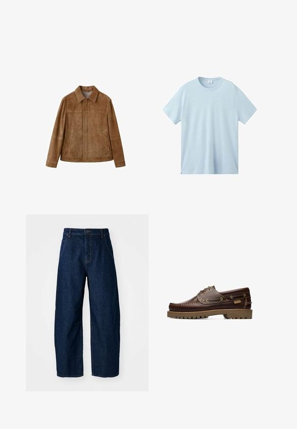 Bruine suède jas met kraag, zakken aan de voorkant en zichtbare stiksels, plat neergelegd op een witte achtergrond.; Lichtblauw katoenen T-shirt met korte mouwen, ronde hals en kleine zijsplitten in de onderste zoom, weergegeven op een witte achtergrond.; Wijdvallende donkere spijkerbroek met een hoge taille, voorzien van vijf zakken, een sluiting met een knoop aan de voorkant en zichtbare stikseldetails.; Bruine leren veterschoen voor op een boot met gestikte details en een dikke rubberen zool, gezien vanaf de zijkant.