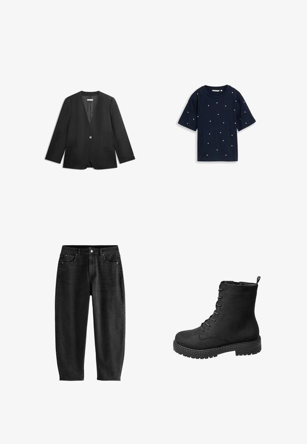 Zwarte blazer met één knoop, lange mouwen, strakke revers zonder inkeping en twee voorzakken met een split, plat weergegeven op een witte achtergrond.; Navyblauw T-shirt met korte mouwen, met verspreide kleine roze hartjesprint en een ronde hals.; Zwarte denim jeans met een relaxte pasvorm, voorzien van een klassiek vijfzakkenontwerp, een knoopgulp en subtiele stikdetails.; Zwarte suède enkellaarsjes met vetersluiting, ronde neus, gestructureerde buitenkant en dikke rubberen zool met een profielpatroon.