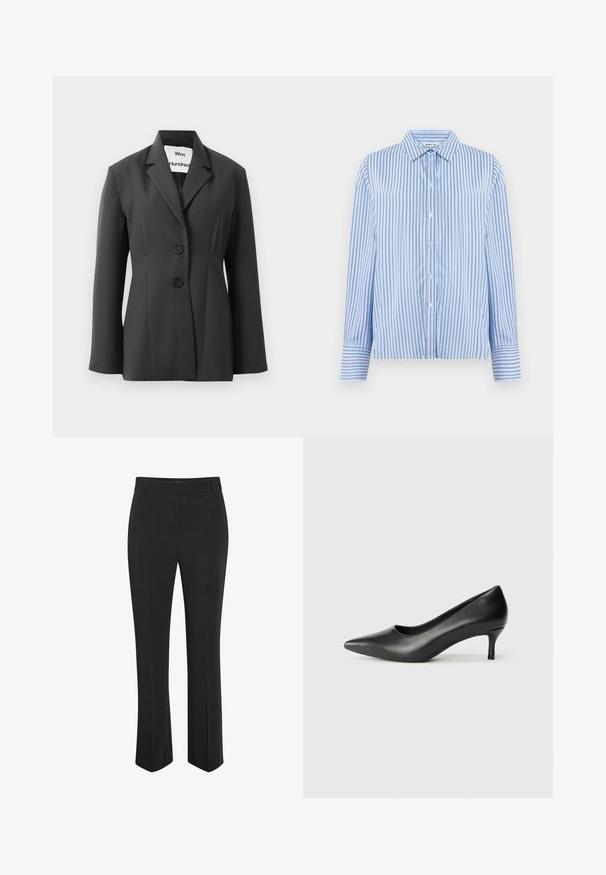 Blazer negro ajustado con dos botones y solapas estrechas, presentado sobre un fondo blanco liso.; Camisa de botones en azul claro y blanco a rayas verticales. Presenta un cuello con solapa y mangas largas con puños abotonados. Textura suave.; Pantalones negros a medida con diseño de pierna recta. Fabricados con tela suave, cuentan con una pretina de talle medio y una sutil arruga frontal.; Zapato de tacón puntiagudo de cuero negro con un tacón bajo en forma de cono, textura suave y un corte bajo en la parte superior para mayor visibilidad del pie.