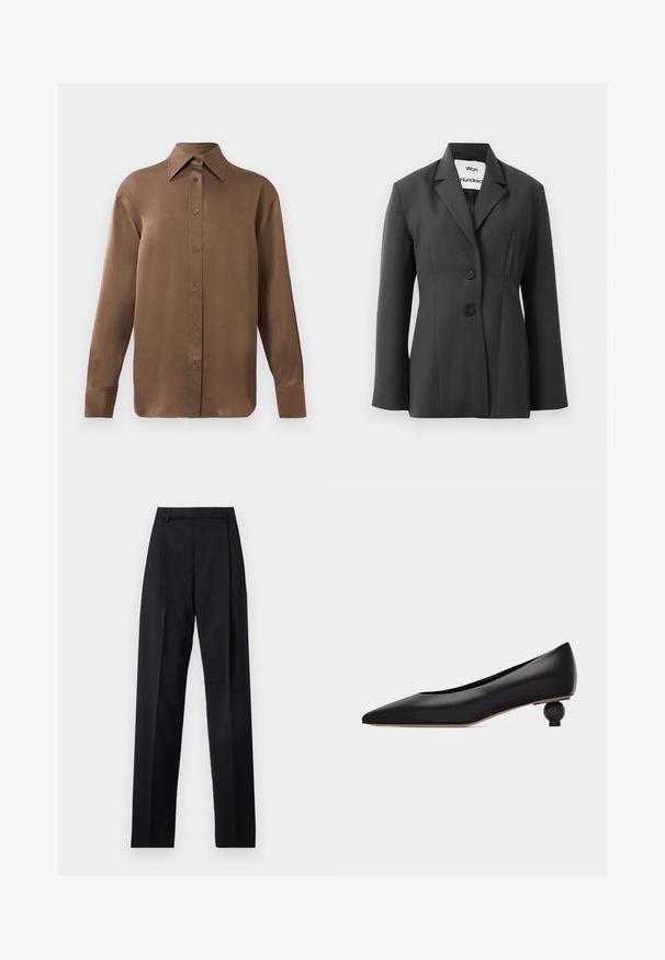 Blazer negro ajustado con dos botones y solapas estrechas, presentado sobre un fondo blanco liso.; Camisa de botones de manga larga marrón con cuello y puños puntiagudos, exhibida sobre un fondo blanco liso.; Pantalones negros de tela suave con cintura alta, piernas amplias, pliegues frontales y lazos de cinturón clásicos. No hay bolsillos laterales visibles.; Zapato negro de tacón bajo con punta puntiaguda, tacón redondo esculpido único y parte superior de cuero liso, mostrado de lado sobre un fondo blanco.