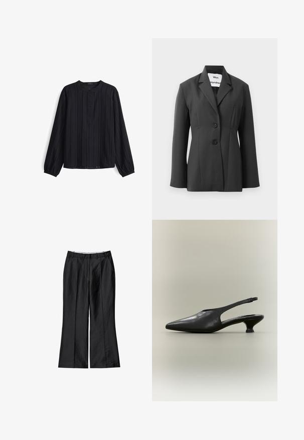 Zwarte op maat gemaakte blazer met twee knopen en smalle revers, gepresenteerd tegen een plain witte achtergrond.; Zwarte lange mouwen shirt met verticale ribbelstructuur, ronde halslijn en knoopsluiting. Zachte stof met een iets losse pasvorm.; Zwarte wijde broek van lichtgewicht stof, met een gladde textuur, geplooide voorkant en een op maat gemaakte tailleband.; Zwarte leren slingback schoen met puntige neus en lage kittenhak op een neutrale achtergrond.