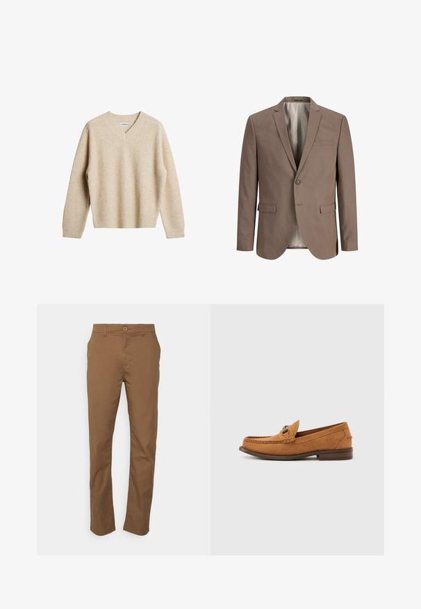 Blazer de hombre color topo de un solo botón con solapas con muesca, dos bolsillos frontales con solapa, un bolsillo en el pecho y un forro interior gris.; Suéter de punto acanalado beige con escote en V y mangas largas. Presenta un ajuste relajado y una tela texturizada para mayor calidez y comodidad.; KnowledgeCotton Apparel Pantalones chinos - brown; Mocasín de ante marrón claro para hombre con detalle de pieza metálica y puntera mocasín cosida, mostrado de perfil sobre un fondo blanco liso.