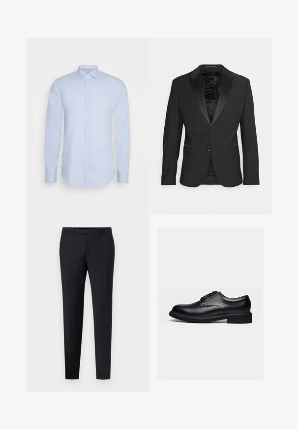 Schwarze Smokingjacke mit Satin-Revers, Zwei-Knopf-Verschluss, seitlichen Taschen und glatter Textur. Das Innenfutter verfügt über ein Markenlabel.; Helles blaues Langarmshirt aus glattem Baumwollmaterial, ausgestattet mit einem klassischen Kragen, einer Knopfverschluss und dezentem Branding auf der Brust.; Schwarze maßgeschneiderte Hose mit slim Fit, mit flacher Vorderseite, Gürtelschlaufen und ohne sichtbare Muster oder Akzente. Glatte Textur.; Schwarzer, polierter Lederschuh mit Schnürung und dicker Gummisohle, seitlich auf einem schlichten hellen Hintergrund gezeigt.