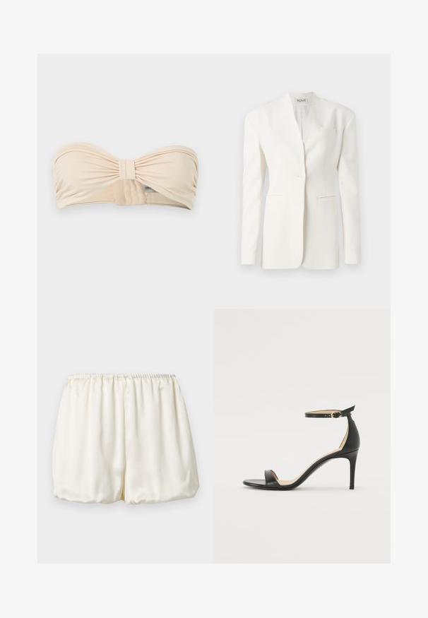 Blazer blanc ajusté avec un bouton unique, revers en pointe, deux poches avant et une poche poitrine. Tissu lisse avec une silhouette structurée.; Haut de bikini bandeau beige sans bretelles avec un centre froncé et une fermeture à agrafe latérale, sur fond gris uni.; Shorts en satin couleur crème avec taille élastique froncée et coupe ample style ballon sur un fond clair uni.; Sandale à talons hauts en cuir noir avec une lanière de cheville. Présente une texture lisse, un bout ouvert et un talon fin. Détail de boucle en ton doré.