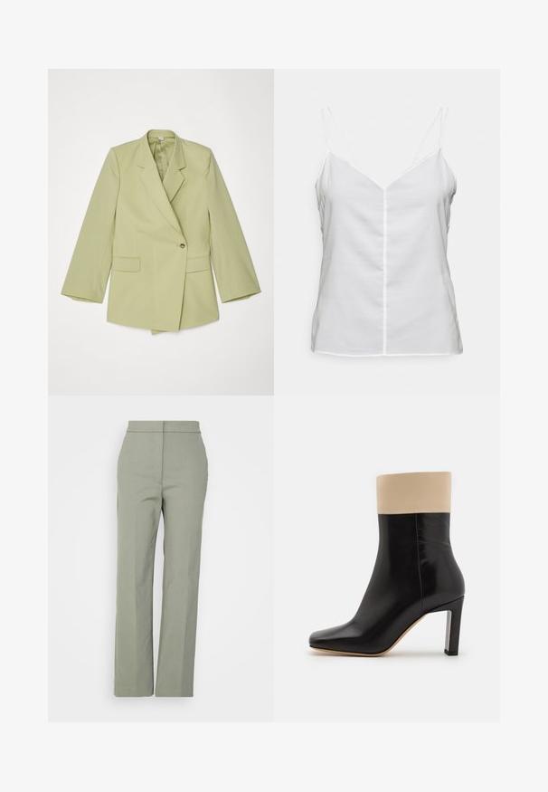 Blazer vert clair avec un design à double boutonnage, revers crantés, fermeture à un bouton, et deux poches avant. Texture de tissu lisse.; DESIGNERS REMIX VALERIE BACK DRAPE TOP - Débardeur - cream; Tiger of Sweden FRANKKA - Pantalon classique - thyme; Botte chelsea noire en cuir avec un accent crème en haut, bout pointu et un talon haut avec des accents argentés. Texture lisse sans motifs visibles.
