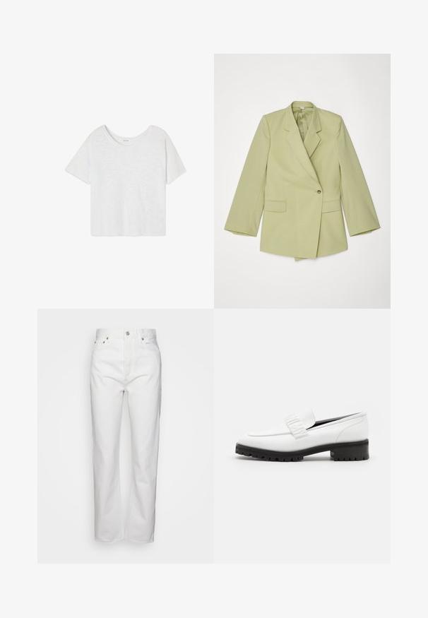 Lichtgroene blazer met een dubbelzijdig ontwerp, ingeklapte revers, enkele knoopsluiting en twee voorzakken. Soepele stofstructuur.; Effen wit, kort mouwtjes, cropped T-shirt met een ronde hals, getoond op een witte achtergrond.; Agolde PINCH WAIST - Straight leg jeans - marshmallow; Elleme CHOUCHOU SQUARE LOAFER - Instappers - white