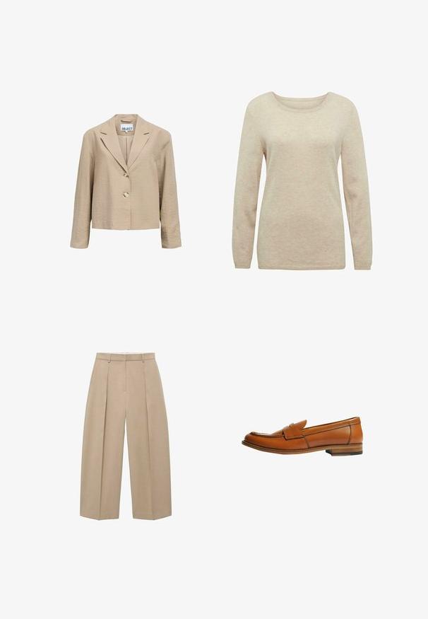 Blazer beige court à manches longues, col à revers cranté et deux boutons devant, présenté sur un fond blanc.; Pull beige à manches longues avec un col rond. Texture douce, poignets et ourlet côtelés. Design simple sans motifs ni accents.; Un pantalon large beige suspendu verticalement, avec des plis avant et une taille plate, mettant en avant un style neutre et élégant.; Mocassin en cuir marron avec talon plat, bout arrondi et une bride décorative traversant le dessus. Texture lisse avec un détail de couture contrastée.