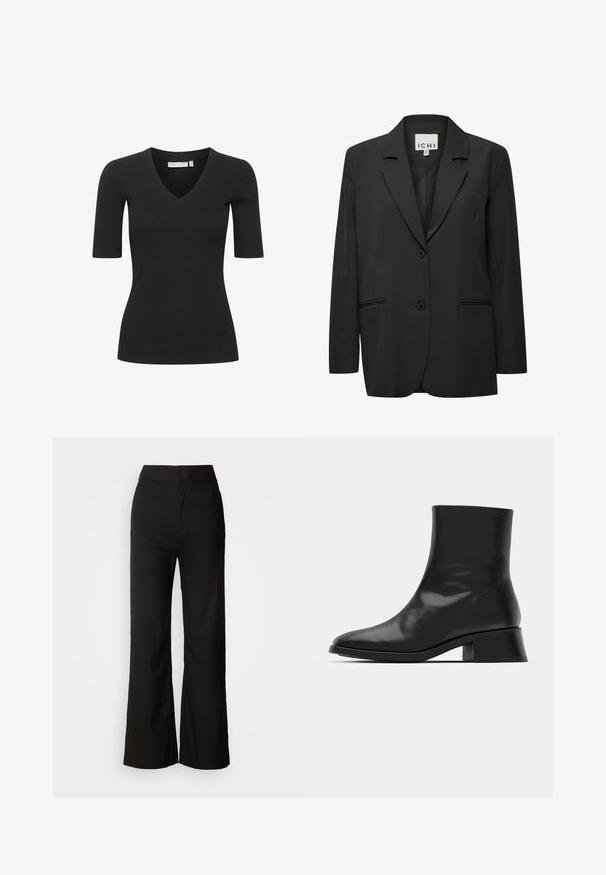 Blazer noir à simple boutonnage en tissu lisse. Doté d'un col cranté, de deux boutons et de deux poches avant avec des détails en passepoil.; Haut noir à manches courtes en côte avec un col en V, présentant une silhouette ajustée et une texture lisse. Simple et polyvalent pour le superposition.; Pantalons noirs à jambes larges avec une texture lisse, taille haute et un design épuré. Pas de poches visibles ni d'embellissements.; Bottine noire en cuir brillant, au design épuré, avec un bout pointu et un petit talon bloc pour plus de stabilité.
