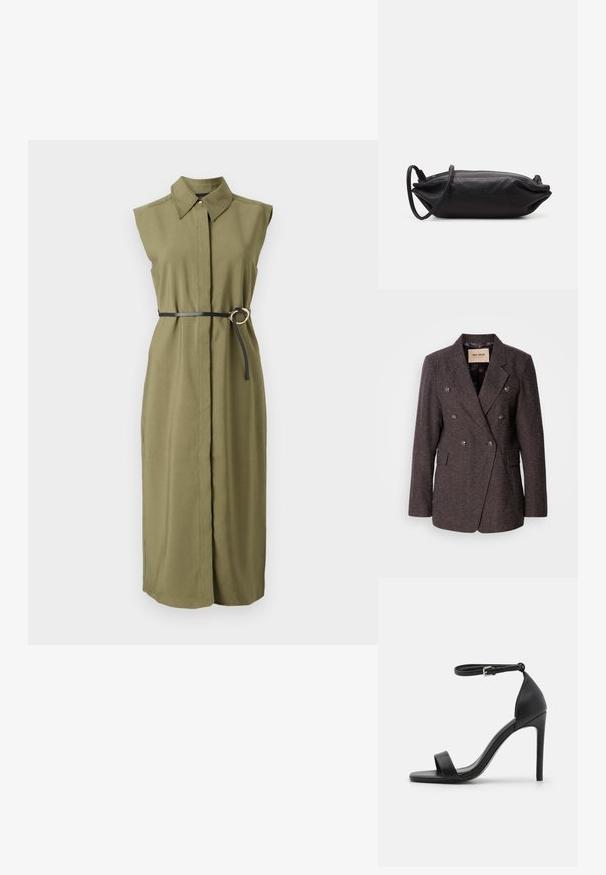 Mos Mosh SVALA - Blazer - dark brown; Olivengrøn ærmeløs kjole med krave, indsnævret i taljen med et sort bælte med en rund metalspenne og sideslids.; Sort højhælet sandal med et sleek design, der har en ankelrem, åben tå og glat lædertekstur.; Sort læder clutch taske med rektangulær form, glat tekstur, tynd skulderrem og minimalistisk design.