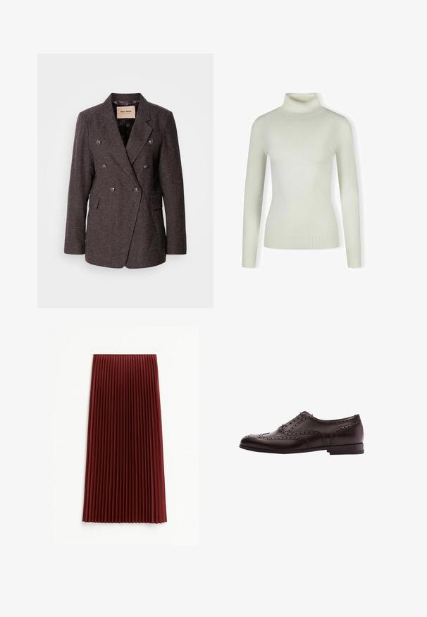 Mos Mosh SVALA - Blazer - dark brown; Lys cremefarvet sweater med rullekrave lavet af blødt, ribbet materiale; tætsiddende design med lange ærmer og tekstureret kant. Ingen mønstre eller detaljer.; Plisseret midi-nederdel i dyb rød, med et tekstureret stof og jævnt fordelte vertikale folder. Kanten falder omkring midt på læggen.; Brune læder dress sko med brogue-detaljer, snørebånds lukning, rund tå og en lav stablet hæl. Poleret finish og indviklede perforeringer.