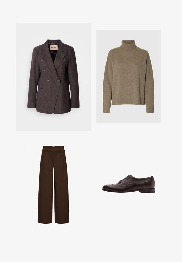 Mos Mosh SVALA - Blazer - dark brown; Stehkragenpullover aus weichem braunem Strick. Verfügt über breite gerippte Bündchen und Saum, mit einem lockeren Schnitt und strukturierten Oberflächen.; Braune weit geschnittene Hose aus glattem Stoff mit hohem Bund und zwei Vorderfalten, entworfen für einen lockeren Sitz.; Braune Leder-Hausschuhe mit Broguedetails, Schnürverschluss, runder Zehenform und niedrigem Blockabsatz. Polierte Oberfläche und filigrane Perforationen.