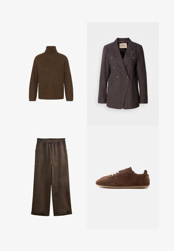Mos Mosh SVALA - Blejzer - dark brown; Hnedý pletený sveter s vysokým golierom, raglánovými rukávmi a rebrovanou textúrou. Voľný strih, s jednofarebným dizajnom bez vzorov.; Hnedé kordové nohavice so širokými nohavicami, ktoré majú elastický pás, s vertikálnou textúrou ryh a bez viditeľných zapínaní či vreciek.; Hnedá nízka teniska z semišu s bielymi šnúrkami a bielou pätovou záložkou na svetlo béžovej podrážke, zobrazená z ľavej bočnej strany.