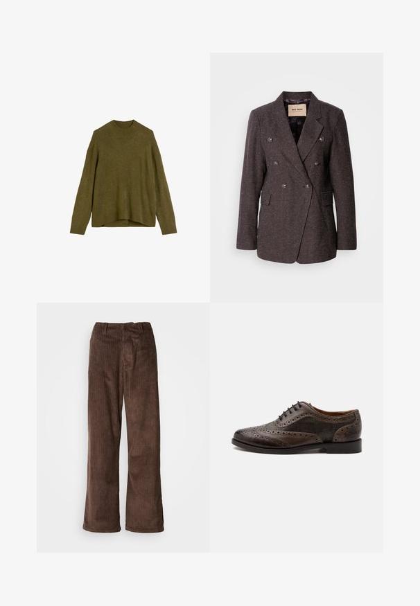 Mos Mosh SVALA - Blazer - dark brown; Olijfgroen gebreid truitje met een geribbelde ronde hals, afhangende schouders en een losse pasvorm. De zoom is aan de achterkant iets langer.; Bruine corduroy broek met een wijd beenontwerp, met verticale ribbels en een tailleband. De stof heeft een zachte, gestructureerde uitstraling.; Donkerbruine leren wingtip brogue schoen met geperforeerde details en geruite stoffen panelen, zwarte zool en zwarte veteren.