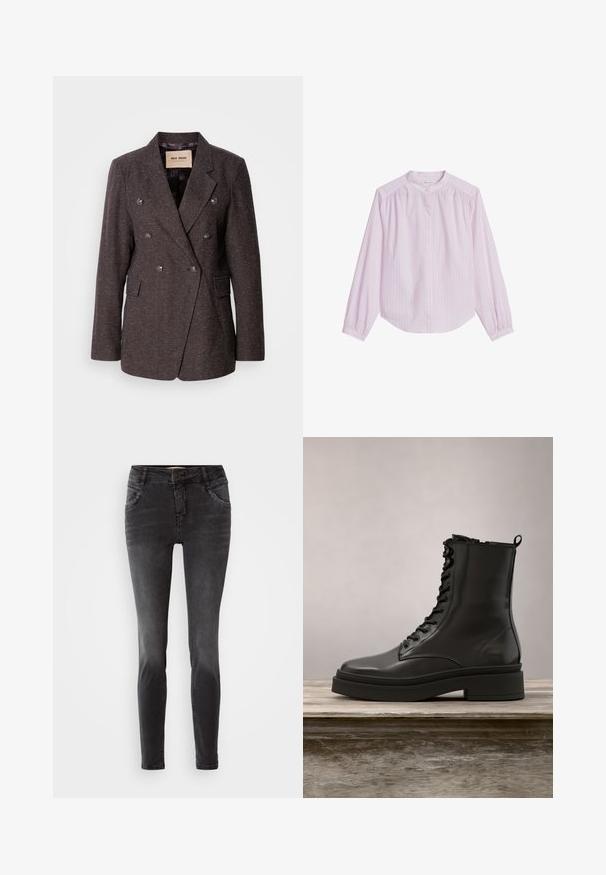 Mos Mosh SVALA - Blazer - dark brown; Lichtpaarse blouse met lange mouwen, subtiele verticale strepen, mandarin kraag, enkele knoopsluiting en een losse pasvorm.; Zwarte skinny jeans van denim, met een frontale knoopsluiting, gestudeerde details op de zakken en een gladde textuur.; Zwarte leren enkelboots met een gladde afwerking, platte zool, vetersluiting en metalen oogjes. Heeft een trekstrip aan de achterkant.