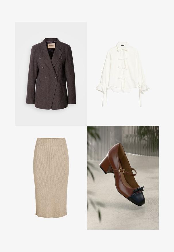 Mos Mosh SVALA - Blazer - dark brown; Hvid bluse med lange, flæsekantede ærmer og fem knuder foran, med klassisk krave og let høj-lav kant.; Strik nederdel i en lys beige farve med lodret ribbestruktur, knælang med elastisk talje og lige skæring.; Brun læder Mary Jane-hæl med sort tåhætte, sort sløjfe, guldbeslået strop og blokhæl på lys tekstureret gulv.