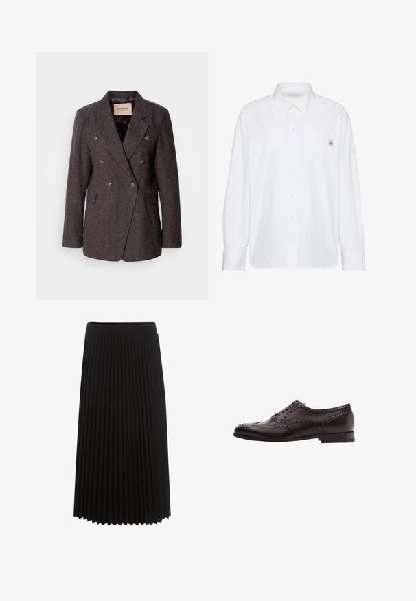 Mos Mosh SVALA - Blazer - dark brown; Hvid skjorte med lange ærmer og knapper, spidse krave og lille Calvin Klein-logo på venstre brystlomme.; Sort plisseret nederdel med en bred elastisk talje, længde til knæene, der fremhæver lodrette plisseringer for tekstur og bevægelse.; Brune læder dress sko med brogue-detaljer, snørebånds lukning, rund tå og en lav stablet hæl. Poleret finish og indviklede perforeringer.