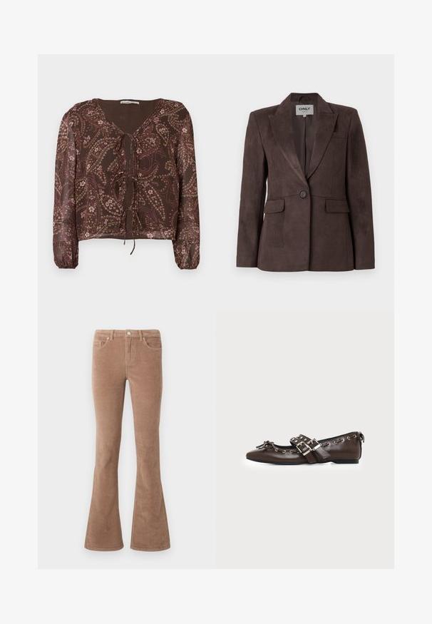 Blazer en suède marron avec un col cranté, une fermeture à un bouton, deux poches avant et une coupe ajustée. Texture lisse, design minimaliste.; Blouse marron à motif avec des manches longues élastiques, encolure en V et détail de nœud à l'avant. Présente des motifs floraux et paisley dans des couleurs douces.; Pantalons en velours côtelé marron évasés avec une surface texturée, dotés de cinq poches, d'une fermeture à bouton et de passants de ceinture.; Chaussure plate en cuir marron foncé avec bout pointu, doubles brides à boucles argentées, œillets métalliques et nœud décoratif à l'avant.