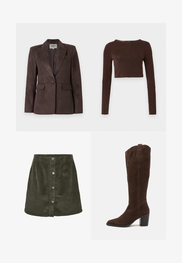 Brauner Wildlederblazer mit Reverskragen, einknöpfigem Verschluss, zwei frontalen Taschen und taillierter Passform. Glatte Textur, minimalistisches Design.; Brauner, langärmeliger, verkürzter Oberteil aus glattem Material mit einem runden Ausschnitt und figurbetontem Design. Keine sichtbaren Muster oder Akzente.; Dunkelgrüner Cord-Rock in A-Linie, mit fünf silbernen Knopfverschlüssen auf der Vorderseite und vertikaler Ripptextur.; Anna Field by Zalando LEATHER - High Heel Stiefel - brown