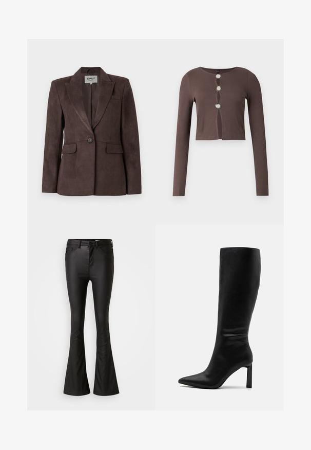 Bruine suede blazer met een notch-kraag, enkele knoopsluiting, twee voorzakken en een getailleerde pasvorm. Gladde textuur, minimalistisch ontwerp.; Bruine geribbelde cropped top met lange mouwen, voorzien van een ronde halslijn en drie zilveren knopen aan de voorkant, geaccentueerd met uitsparingdetails.; Zwarte flared jeans gemaakt van een glanzende, soepele stof. Heeft een hoge taille, voorzakken en een rits met een knoopsluiting.; Even&Odd by Zalando Laarzen - black