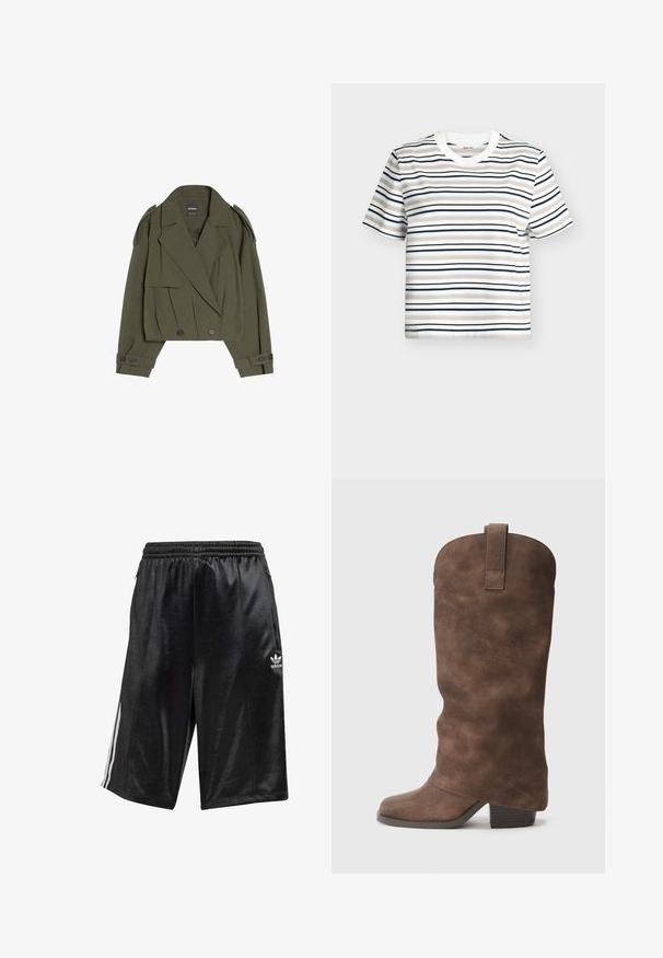 Olivengrøn cropped jakke med dobbeltradet lukning, brede revers, skulderepauletter og manchetter med knapper, fremstillet i tekstureret stof.; Hvid T-shirt med korte ærmer med vandrette striber i beige, lyseblå, marineblå og sort. Rund halsudskæring med en flad ribbet kant.; Sorte atletiske shorts lavet af glat stof, med elastisk talje og snor, sidelommer og tre hvide striber langs siderne.; Brune syntetiske knæhøje støvler med rund tå og blokhæl, der har en glat tekstureret overflade og en trækflap øverst.