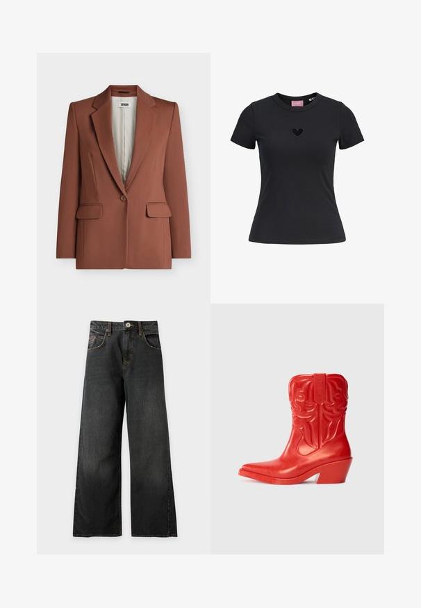 Ruskea yhden napin bleiseri, jossa jakkulaput, läppätaskut ja vaaleanbeige vuori, merkiltä Drykorn.; Mustat lyhythihaiset t-paidat, jotka on valmistettu sileästä kankaasta, sisältävät pienen, brodeeratun sydämen yksityiskohdan rinnassa ja pyöreän kaula-aukon.; Mustat leveälahkeiset farkut, joissa edessä nappikiinnitys ja näkyvät saumat, asetettu tasaisesti vaalealle taustalle.; Punainen cowboy-nilkkuri, jossa on korkea, levenevä korko. Valmistettu kiiltävästä materiaalista, jossa on kohokuvioituja lännen tyylisiä kuvioita varressa. Teräväkärkinen muoto.